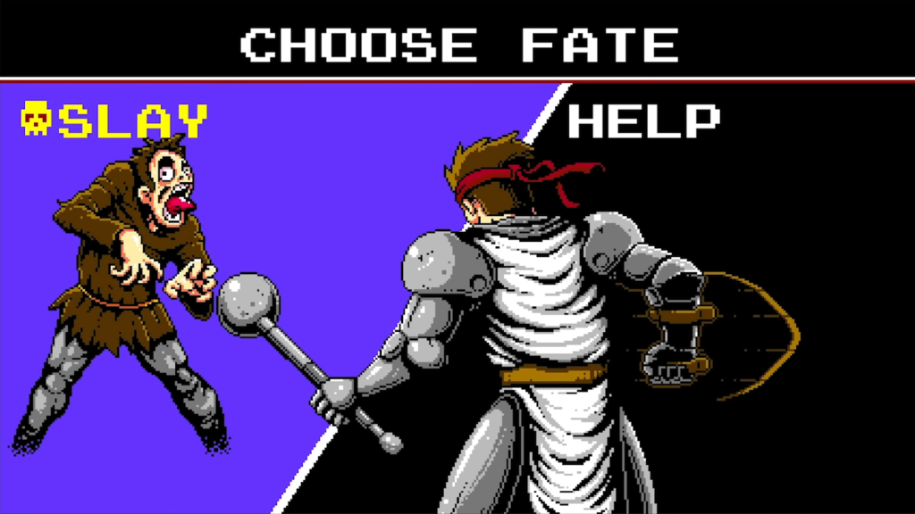 Alcedor wields a mace and shield while looking at a potentially plague-ridden villager, with the words 'slay' and 'help' suggested as choices to choose fate