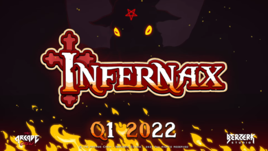 Infernax logo. Fire lingers behind the Q1 2022 release date at the bottom. At the top is a demon with a pentragram looming in the background.