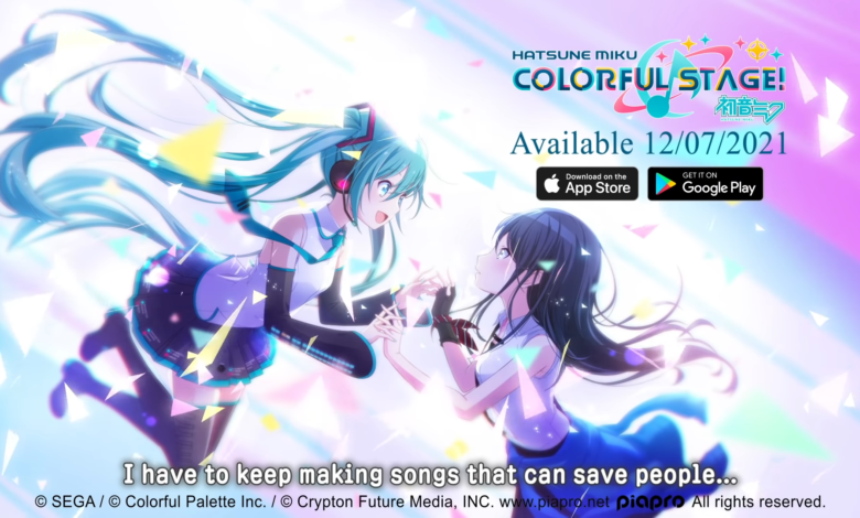 Hatsune Miku floats in the air while grabbing the hands of another girl, smiling at each other.