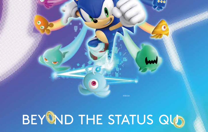 Sonic appears in a burst of color with the words "Beyond the Status" quo written below
