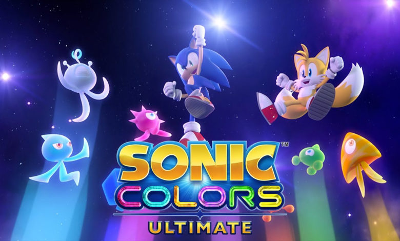 Sonic Colors: Ultimate characters jumping up behind the logo