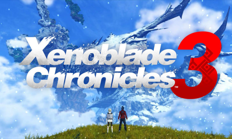 Xenoblade Chronicles 3 logo with Mio and Noah standing beneath