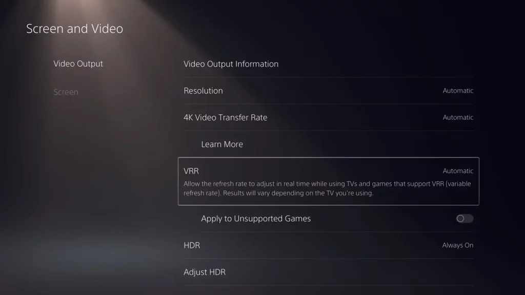 PS5 Variable Refresh Rate screen