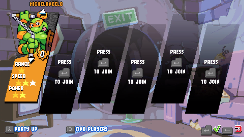 TMNT: Shredder's Revenge character select screen.