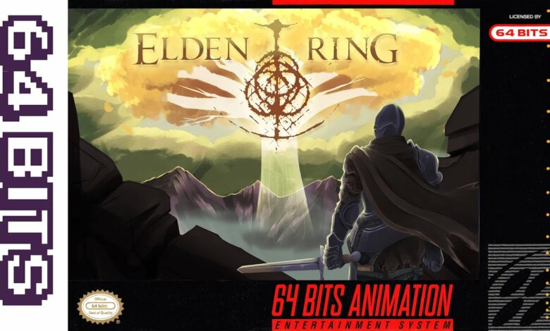 SNES Elden Ring Demake fake cover looking at the Erdtree