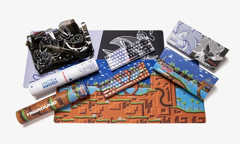 Sonic x Higround collection featuring keyboards, mats, and shirts